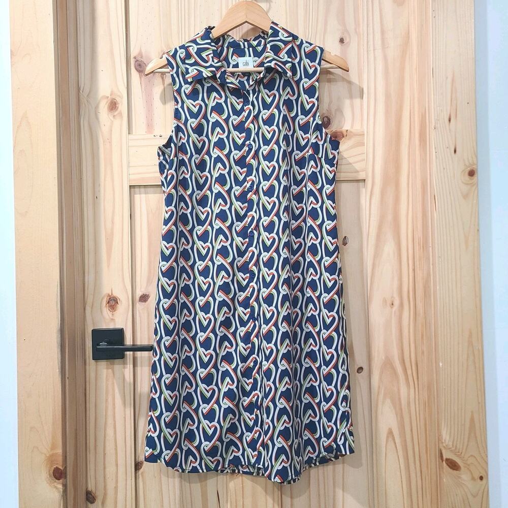 Cabi 5370 Armour Heart Chain Button Up Shirt Dress Navy Orange Preppy Size S